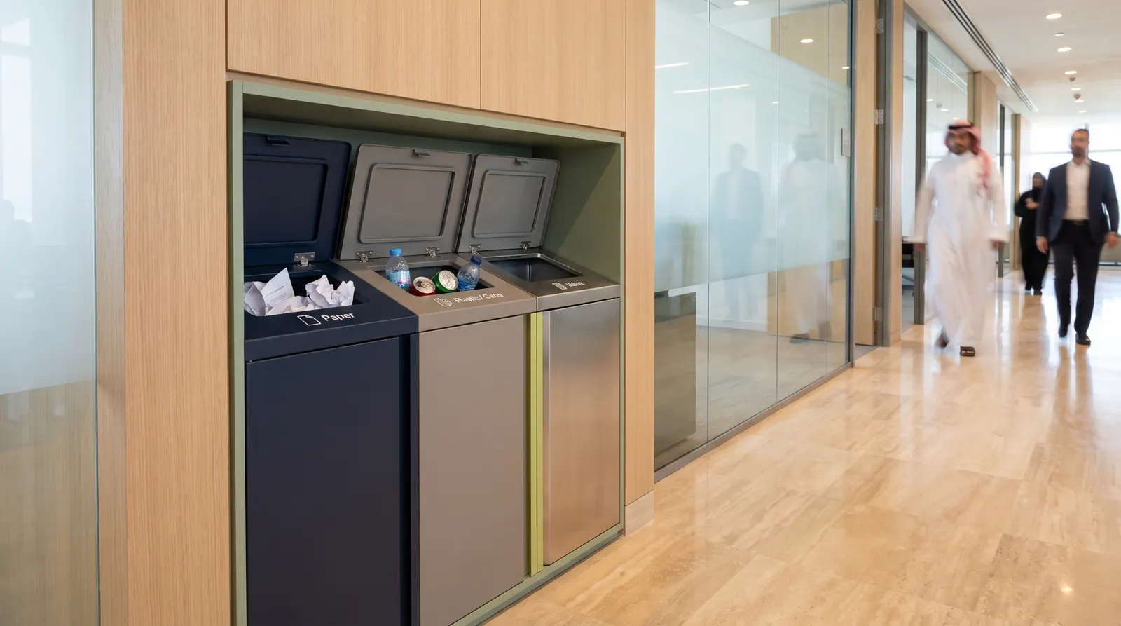 Source-segregation station in a commercial office corridor