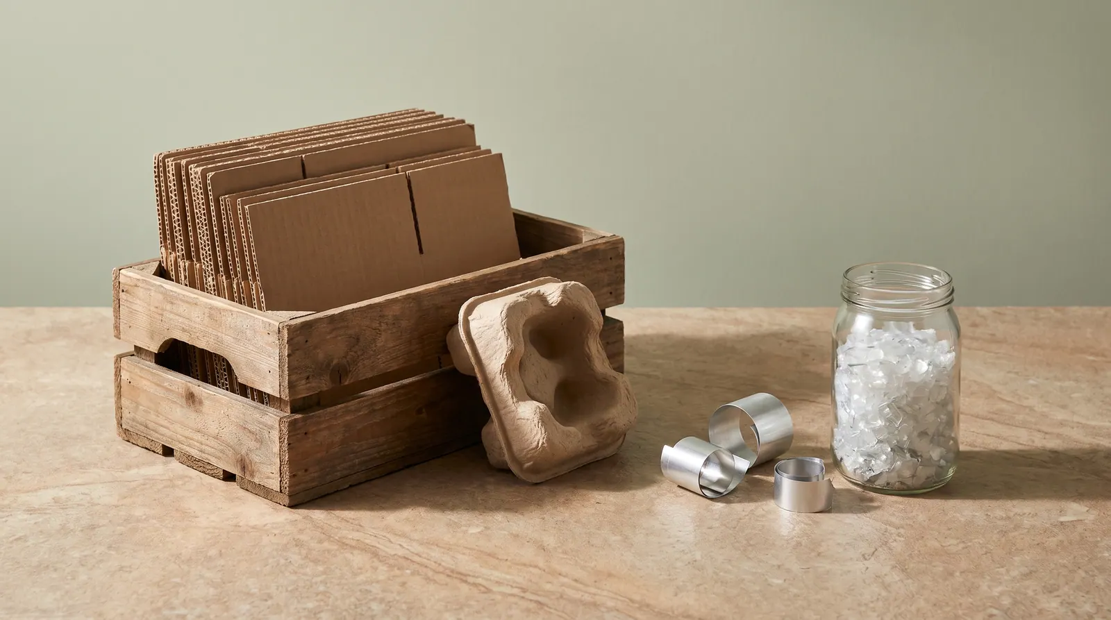Cardboard, moulded fibre, metal and clear plastic samples arranged for review