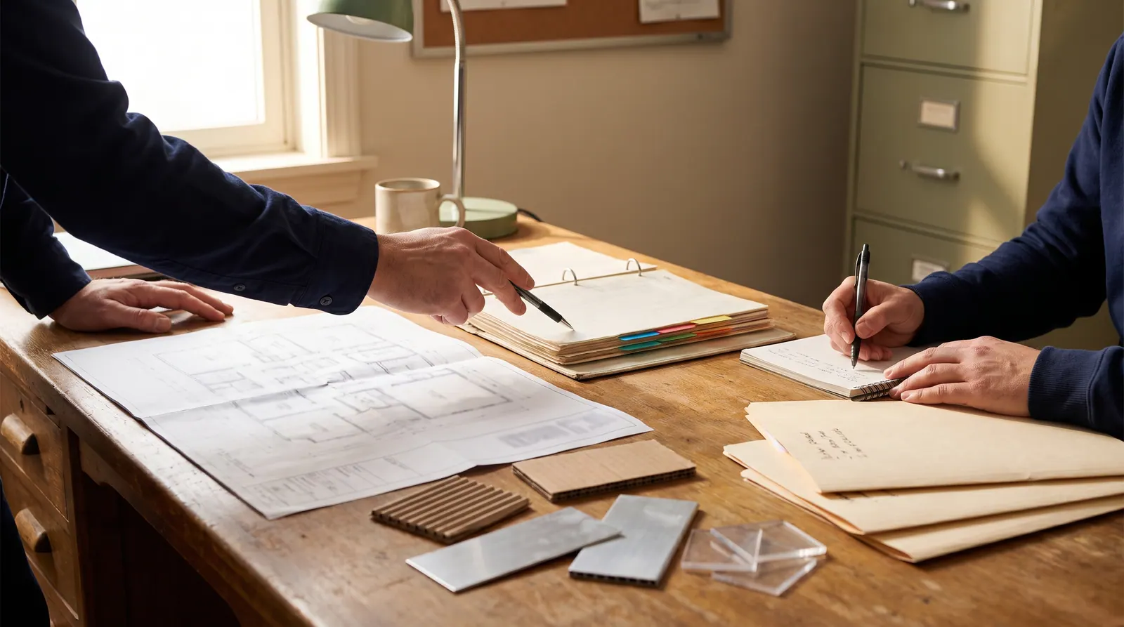 Professionals reviewing facility documents and material samples