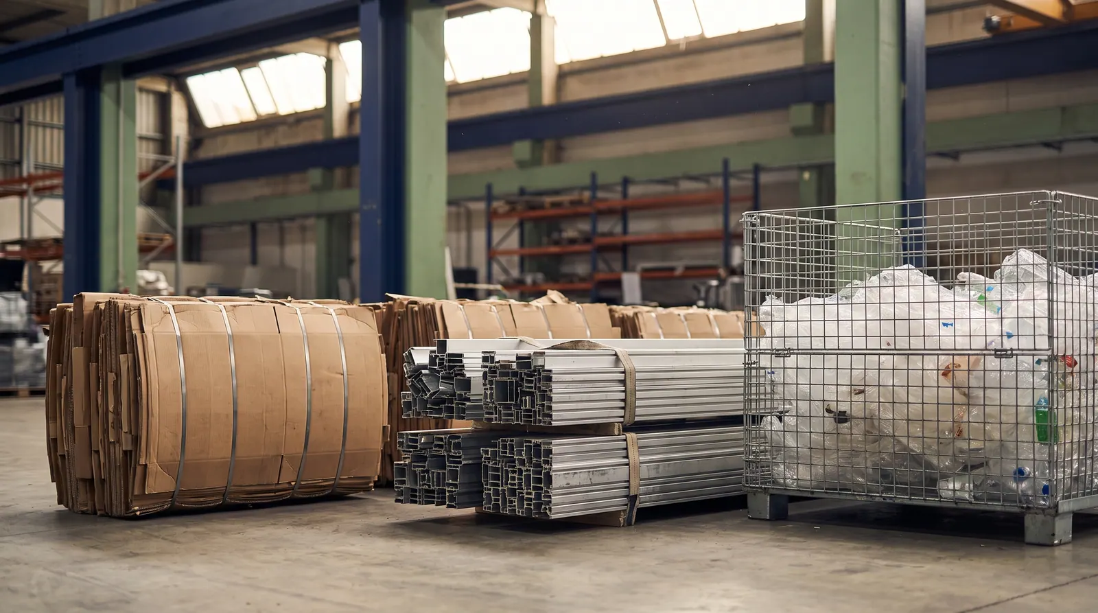 Separated cardboard, aluminium profiles and plastic containers in a warehouse