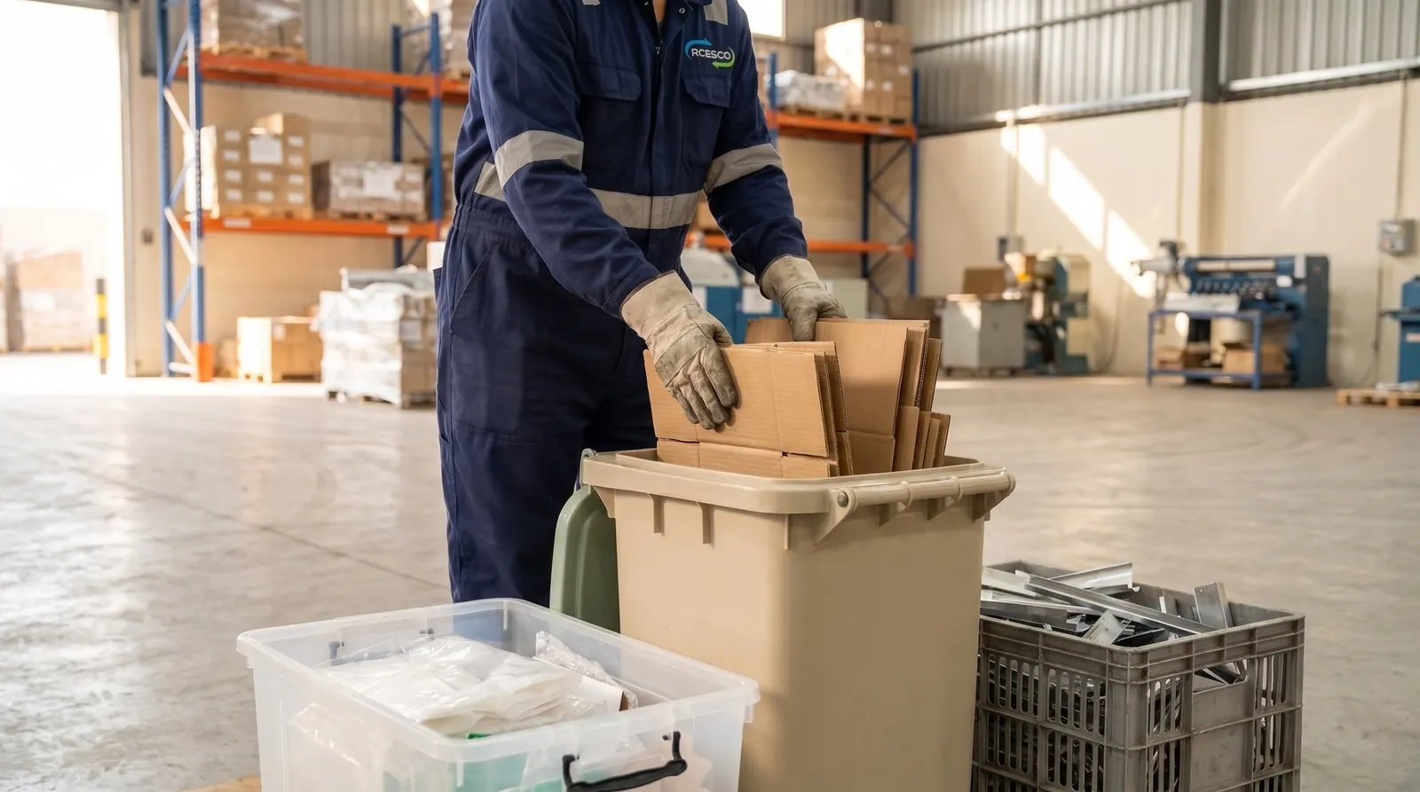 Worker sorting flattened cardboard into a dedicated collection bin