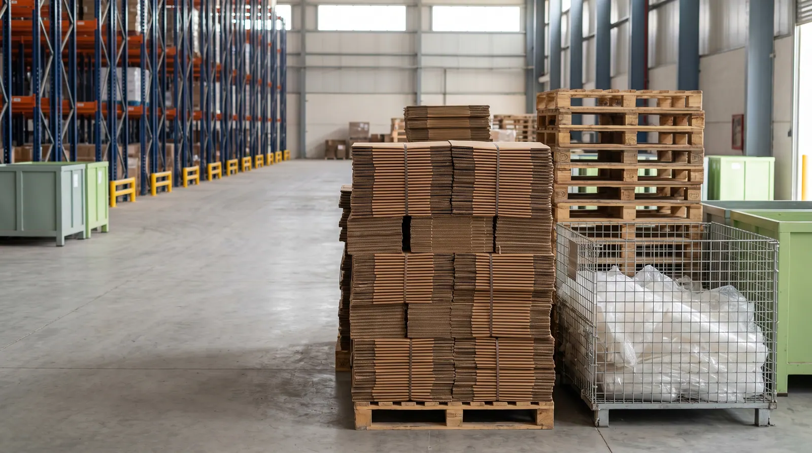 Flattened cardboard, pallets and plastic packaging separated in a warehouse